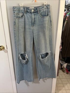 Sneak Peek Light Blue High-Rise Distressed Wide-Leg Jeans